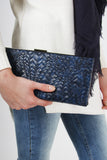 Blue Hard Case Clutch with Woven Leather