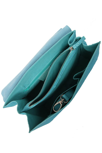 Large structured turquoise leather bag embossed python