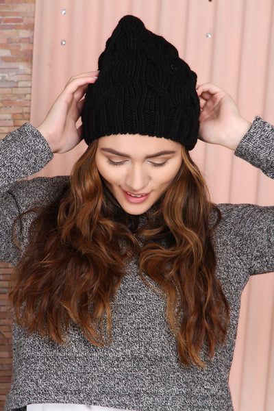 Black Chunky Knit Beanie Hat