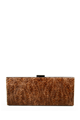 Brown Hard Case Clutch with Woven Leather