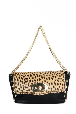 Black and Leopard Cross Body Bag with Gold Tone Chain